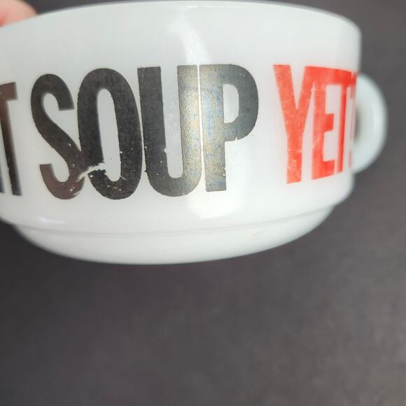 Glasbake Milk Glass Soup Bowl *Is It Soup Yet?* Handle J-2711 Set Of 3 Mugs - Picture 5 of 15